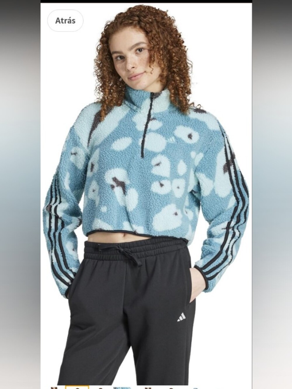 adidas Light Blue Floral Sherpa Half-Zip Cropped Pullover